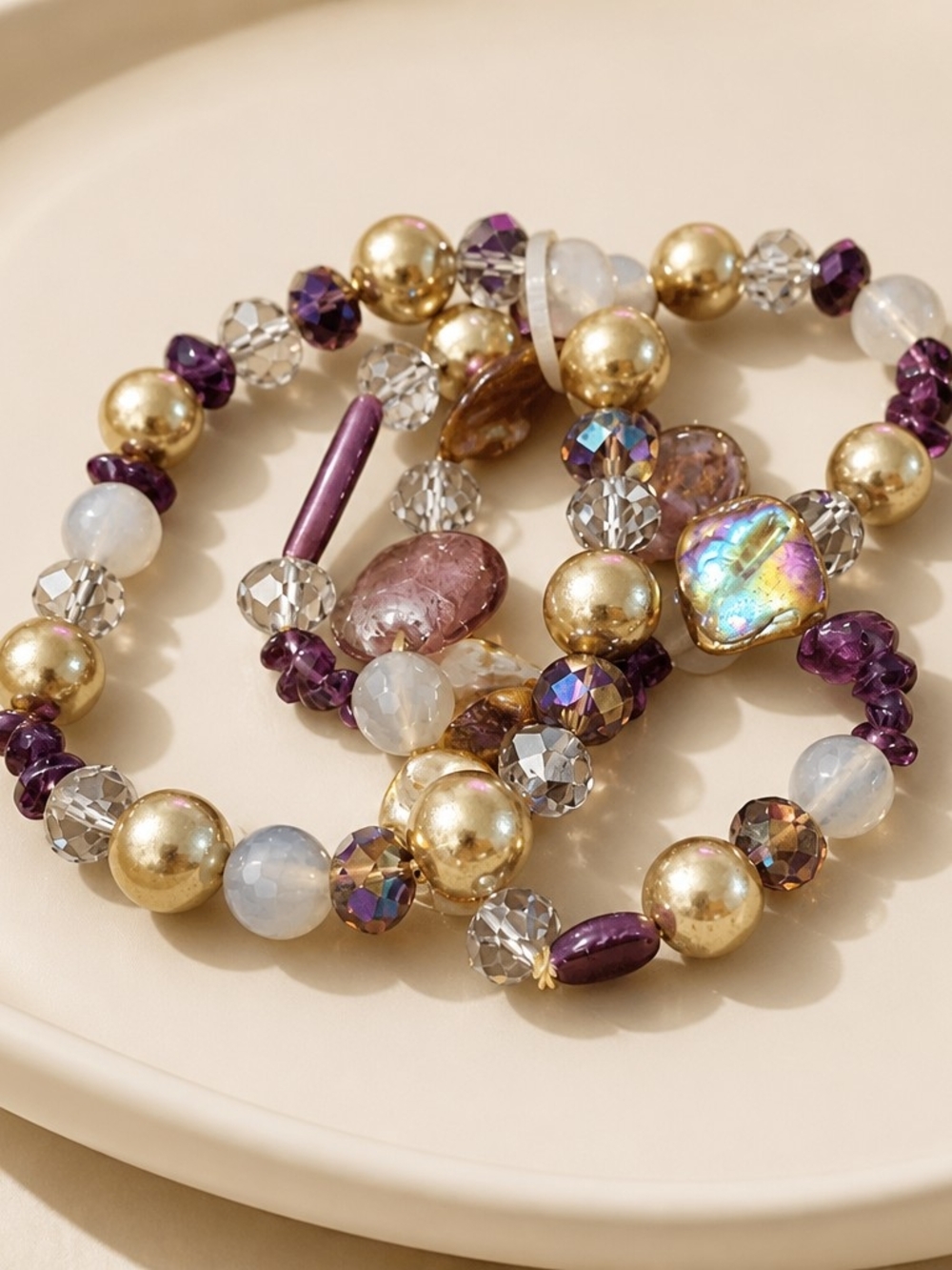 Gold & Purple Beaded Stretch Bracelet Set